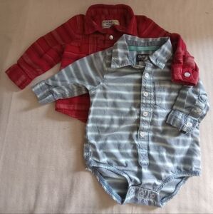 OshKosh B'gosh Red Plaid Retro Flannel and Blue Striped Bodysuit Bundle